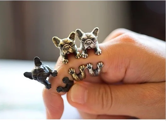 Jisensp Retro Animal Rings Vintage Bronze Mid Finger Ring French Bulldog Fashion Jewelry Cute Antique Couple Ring for Men/Women