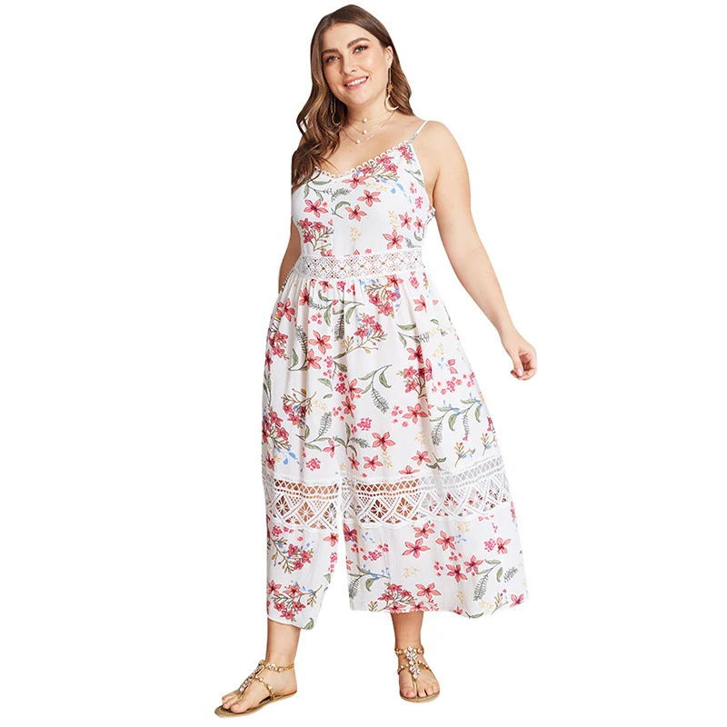 

Plus Size 3XL 4XL Lace Dress Women Hollow Out High Waist Flower Printed Deep V-Neck Sexy Floral Strap Backless Patchwork Dresses