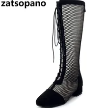 Кружева на низком каблуке рыцарские сапоги до колена сандалии сапоги новые с вырезами и открытым носком с перекрестной шнуровкой женские летние длинные большие размеры 33-46