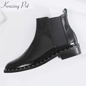 

Krazing pot new genuine leather med heel beading Winter slip on concise style round toe modern western British Chelsea boots l02