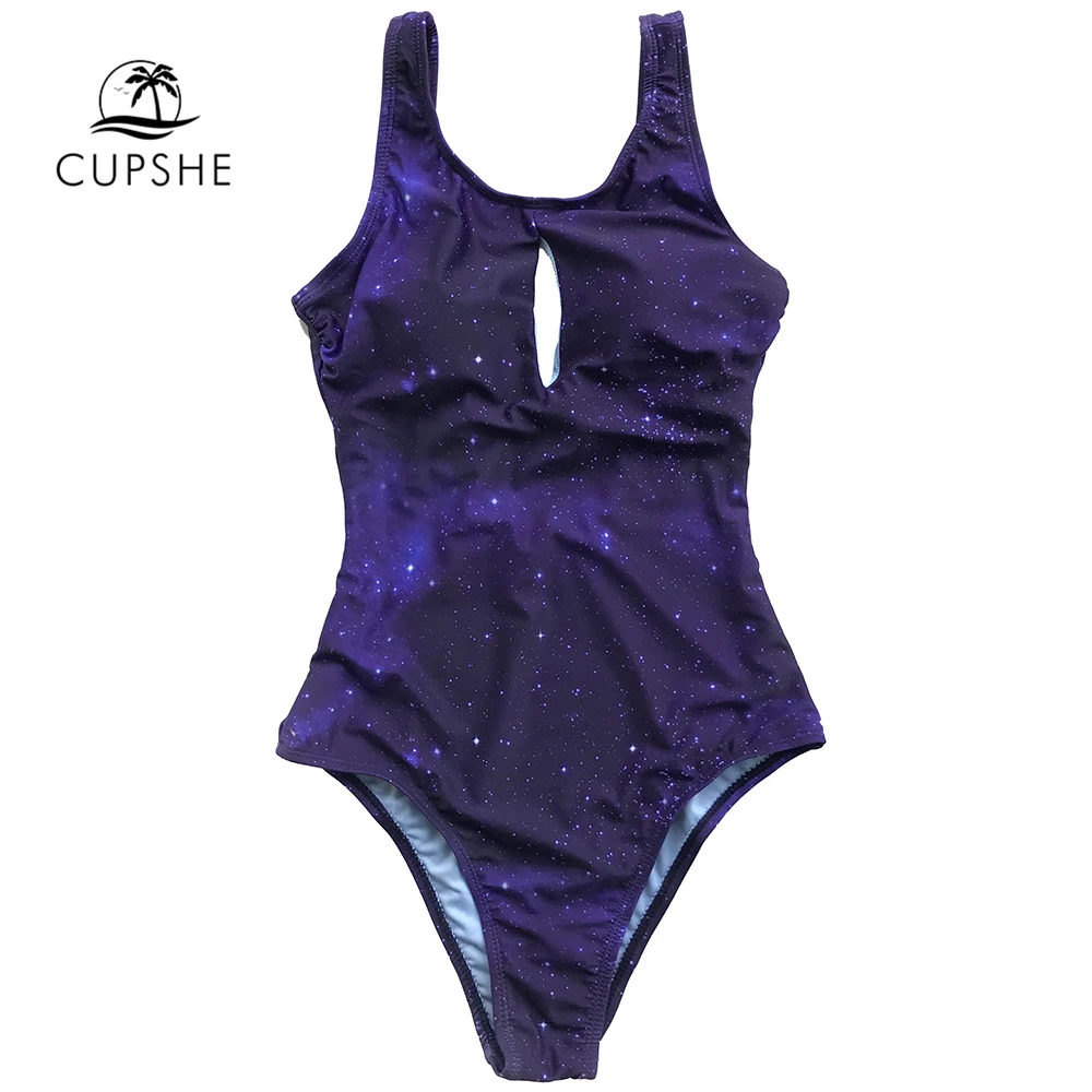 

CUPSHE Purple Starry Night Print One-piece Swimsuit Women Cut Out Backless Swimwear 2018 Girl Beach Sexy Bodysuits Monokinis