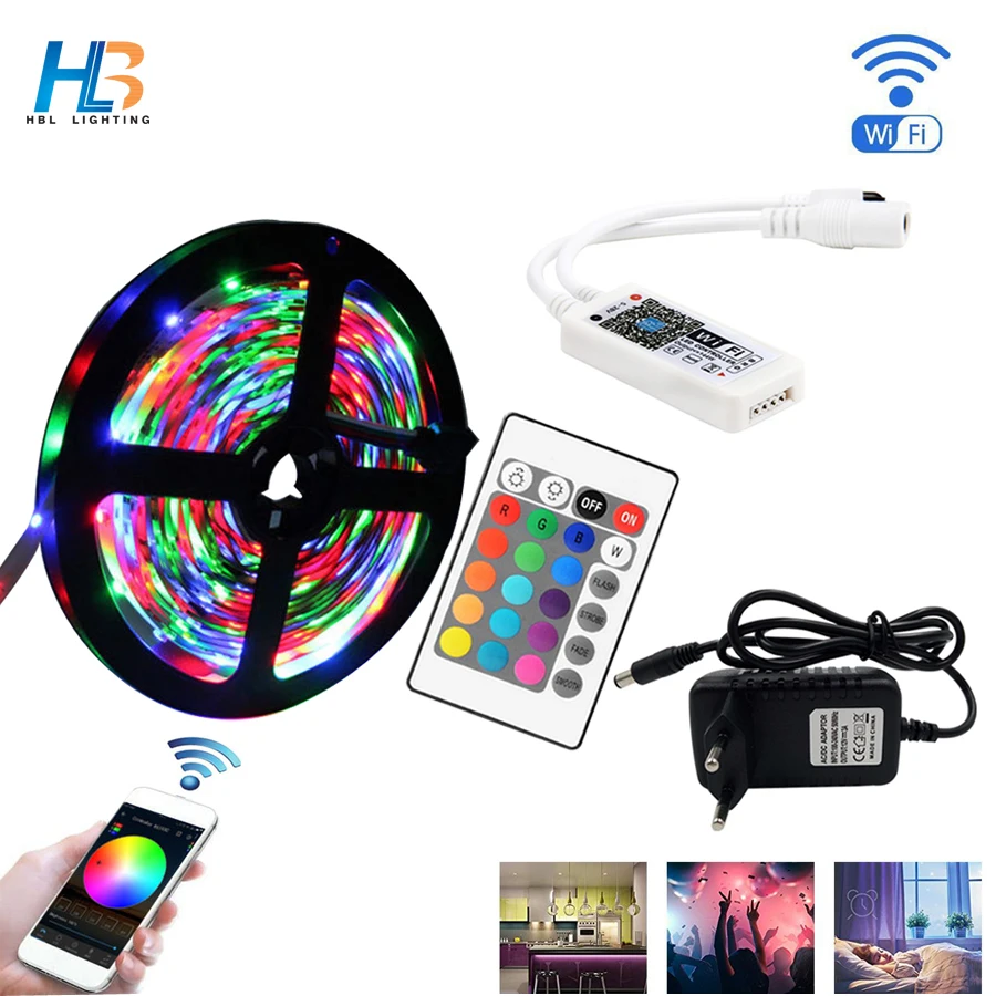 

5M 10M 15M 20M 2835 RGB WIFI Led Strip Light Non Waterproof Led Tape DC 12 V Remote WIFI Wireless Controller 12V power adapter