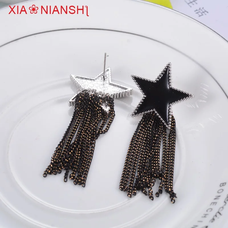 HTB1QBVNQFXXXXXfapXXq6xXFXXXD - Vintage Enamel Black Earrings Fashion Five-pointed Star With Copper Wire Tassels Long Earrings Star Brincos Jewelry For Women