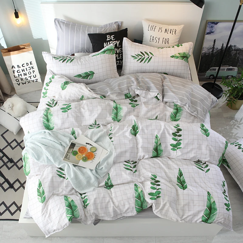 

Nature green leaf printing bedding set white plaid design with leaves home and hotel bed set bed linen christmas gift bed sheet