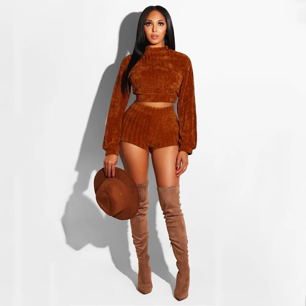 Adogirl осень Velvet Bodycon Для женщин Двойка шорты короткие топы с длинными Sheeve