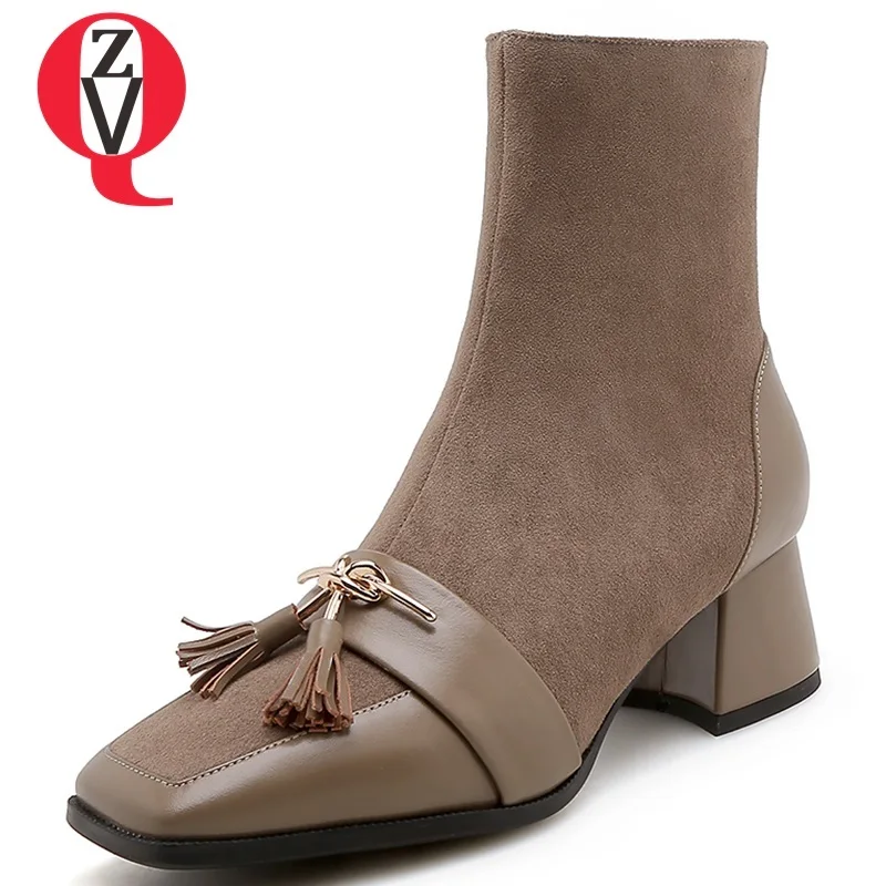 

ZVQ women shoes 2018 new fashion square toe zipper fringe genuine leather and kid suede med hoof heels ankle boots size 34-40