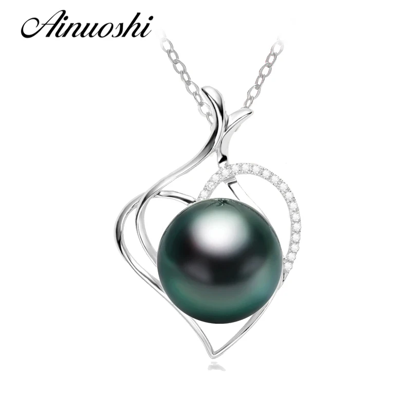 

AINUOSHI Luxury 925 Sterling Silver Heart Shaped Lady Necklace Pendants Natural Tahitian Black Pearls 11mm Round Pearl Pendants