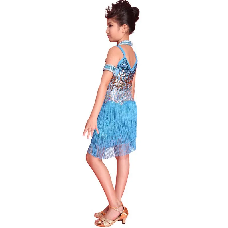 Детское платье для латинских бальных танцев с блестками для девочек танцевальная одежда с бахромой Юбки латиноамериканские танцевальный сценический костюм