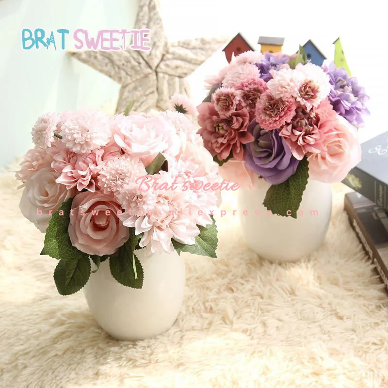 

10pcs/lot Artificial Flowers Real Touch Rose Dahlia Daisy Fake Flower Bouquet Wedding Decoration Birthday Party Home Accessories