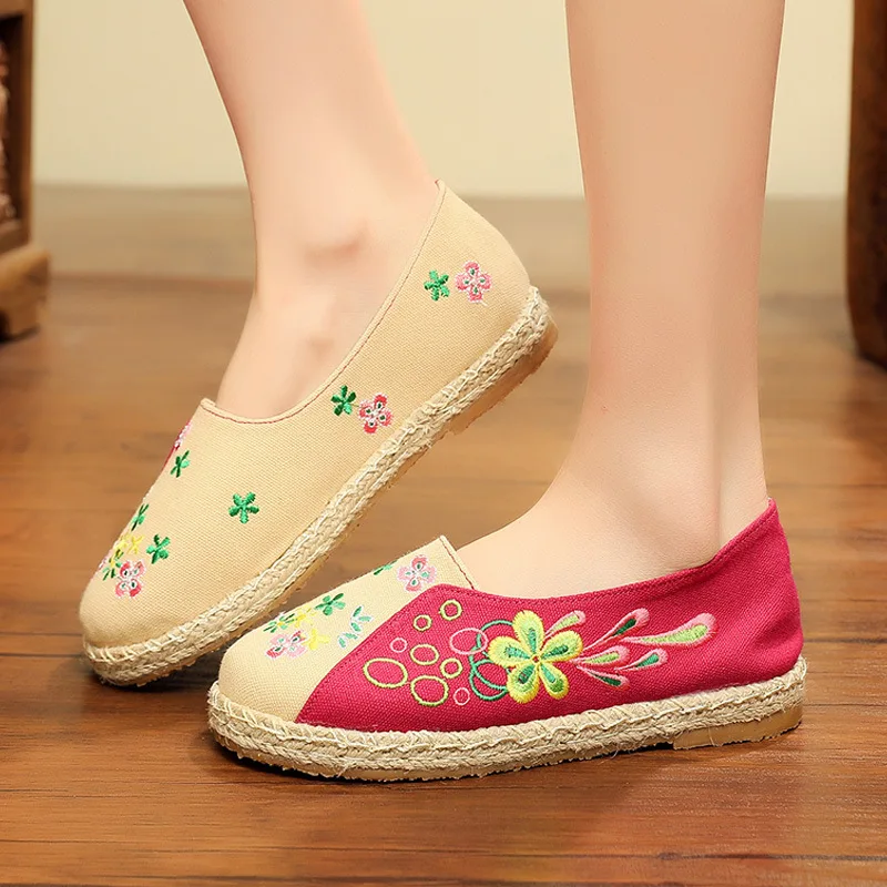 Coton Veowalk Broderie Bas Espadrilles Plates Chaussures Lin Florale vert Mocassins Dames Beige bleu Main Toile Chanvre Slip Femmes Confort on qBFxwBXr