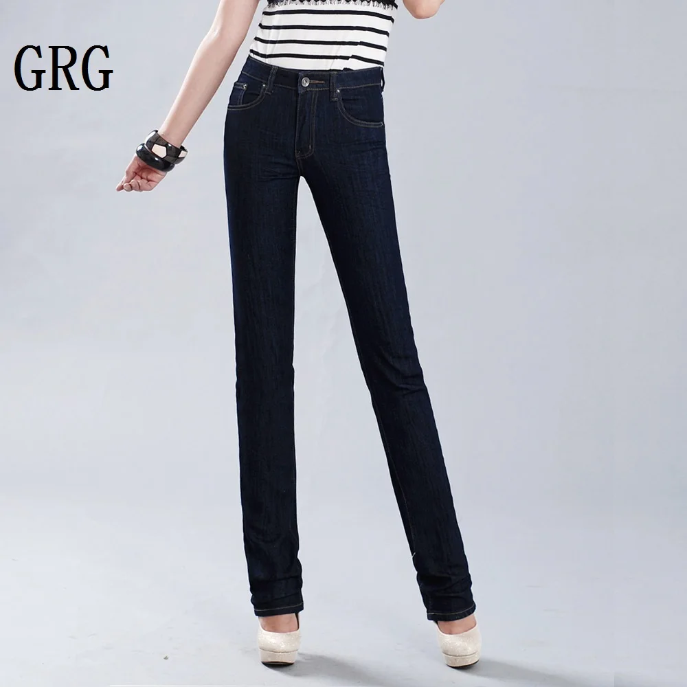 

Free Shipping High Quality Women's straight jeans trousers blue black mid waist elastic pants