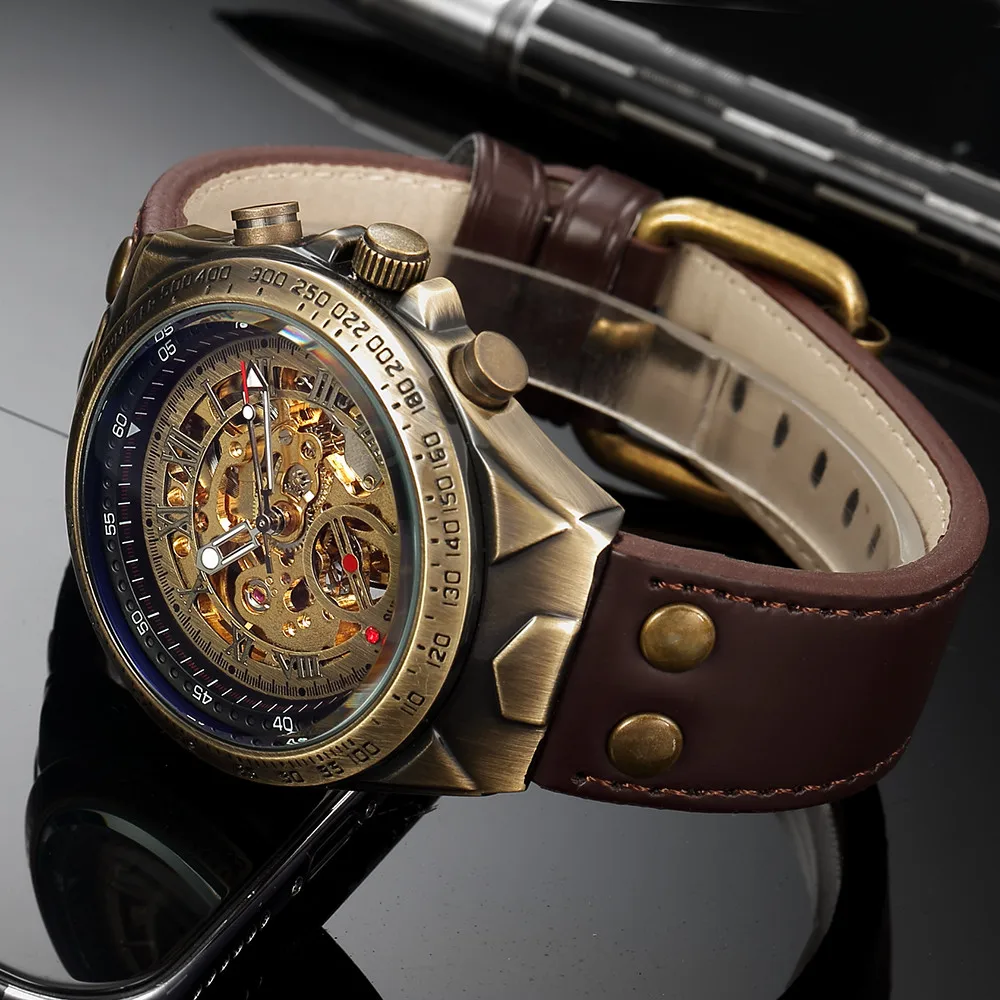 Роскошный топ бренд Ретро автоматические часы для мужчин кожаный ремешок Мода стимпанк Бронзовый стальной скелет для мужчин s механические наручные часы подарок