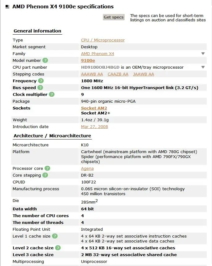 Процессор AMD Phenom X4 9100e 1,8 ГГц четырехъядерный процессор Socket AM2 X4-9100e