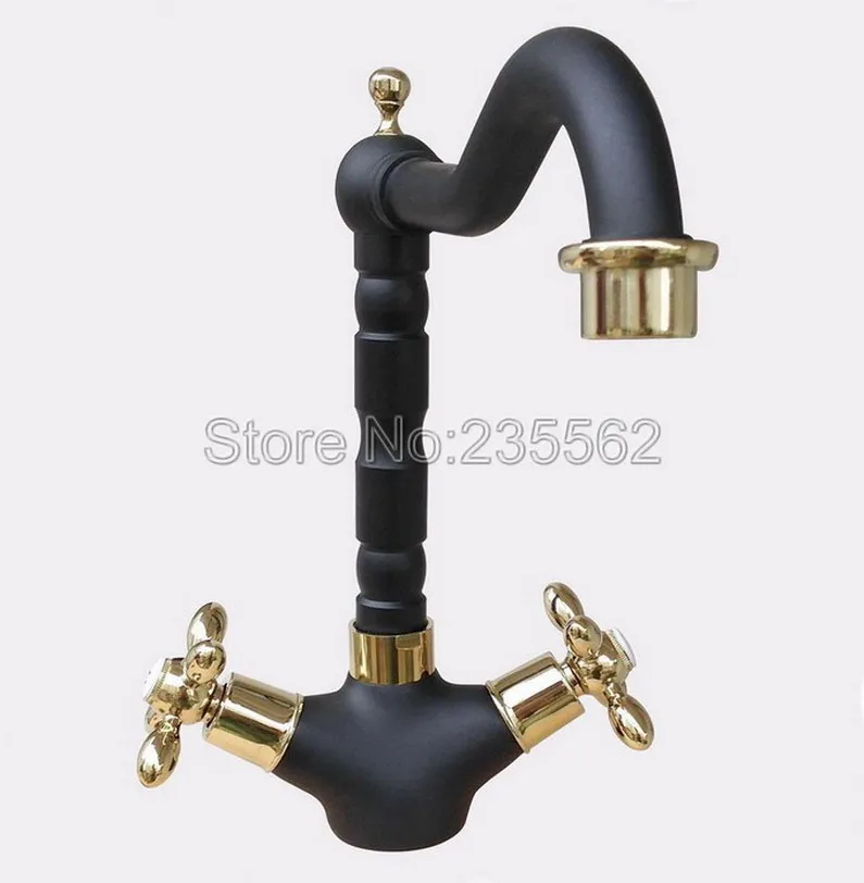 Luxury Golden Black Oil Rubbed Bronze Kitchen Swivel Faucet Dual Handle Mixer Vessel Sink Tap Wash