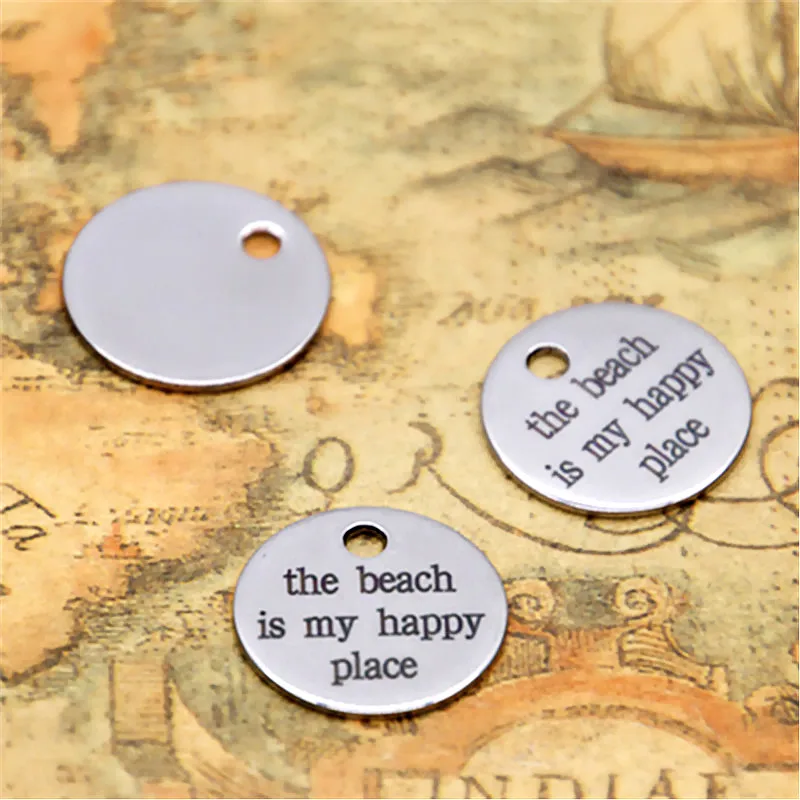 

10pcs the beach is my happy place charm silver tone message charm pendant 20mm