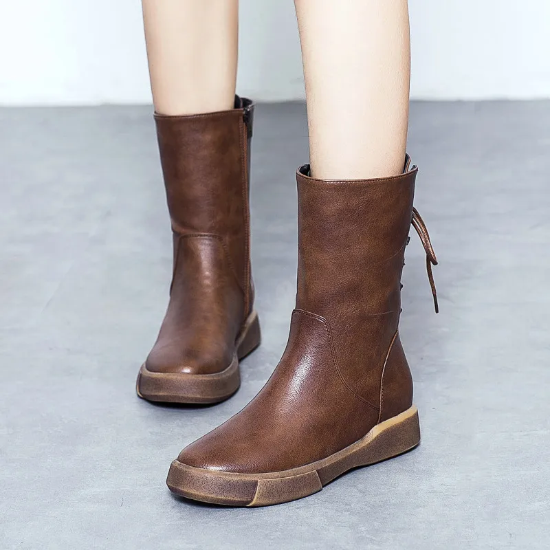 Fashion Quality Leather Boots For Women Flat Mid Calf Boots Spring ...