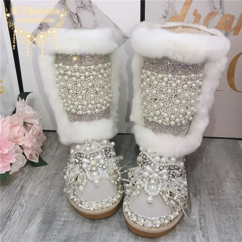 

Handmade Pearl Rhinestone New Winter Woman Mother Boots Slip-Resistant Cotton-Padded Shoes Women Maternity Plush Snow Boots