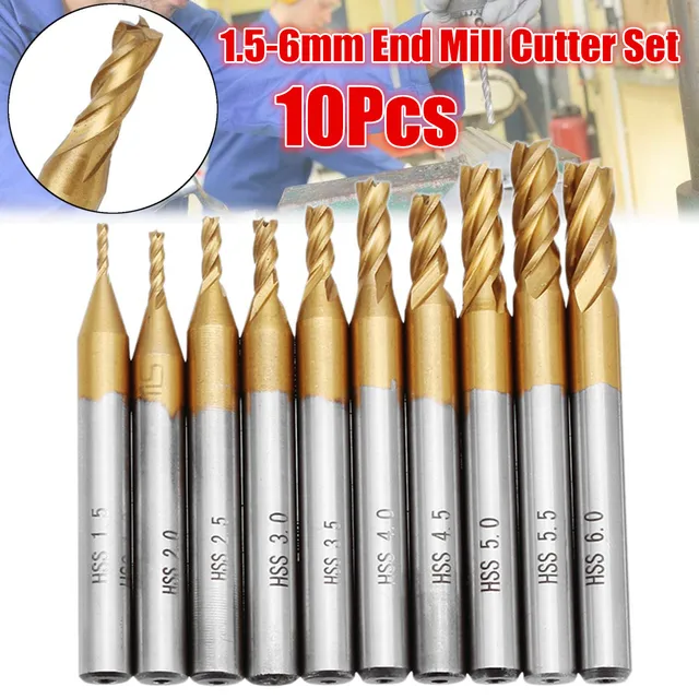 Drillpro 10pcs Titanium Coating 1.5-6.0mm HSS 4 Flute End Mill Cutter 6mm Shank CNC Drill Bits Set Spiral Bit