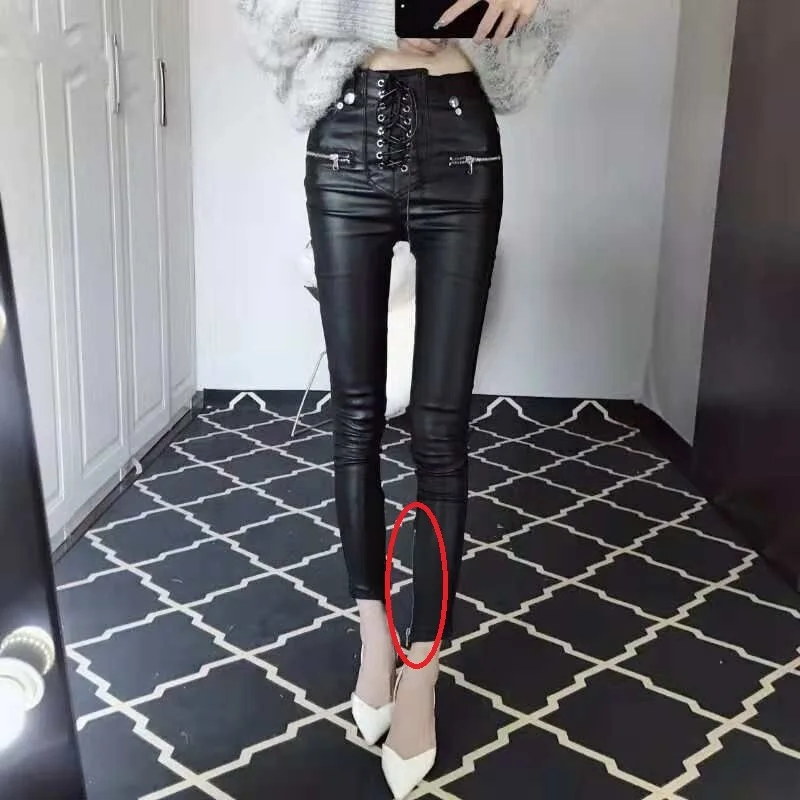DEAT новые женские модные брюки из искусственной кожи на шнуровке с высокой талией обтягивающие узкие искусственная кожа на молнии брюки осень-зима MG102