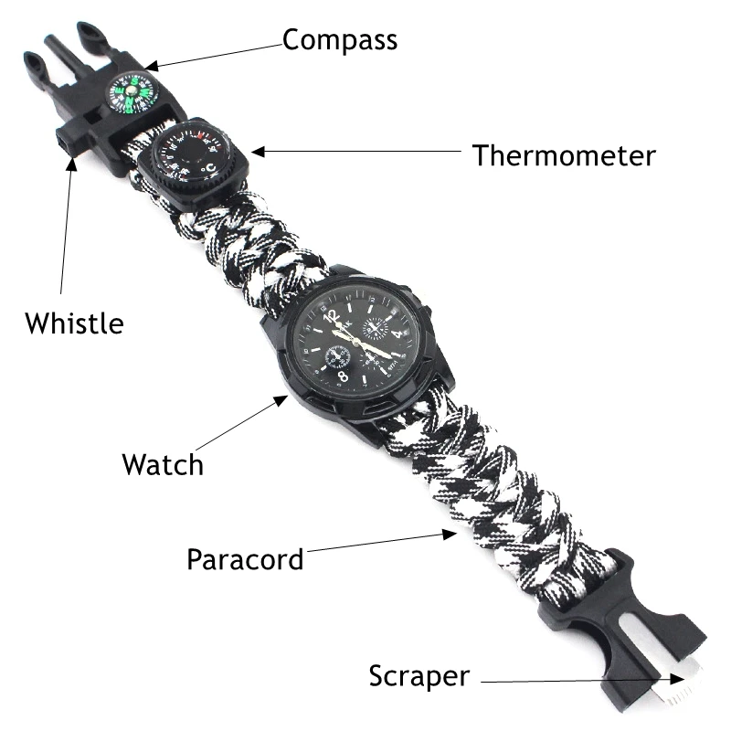 EMAK Survival Multi-functional Compass Paracord Watch Thermometer Rescue Bracelet Equipment Tools Kit Outdoor Camping