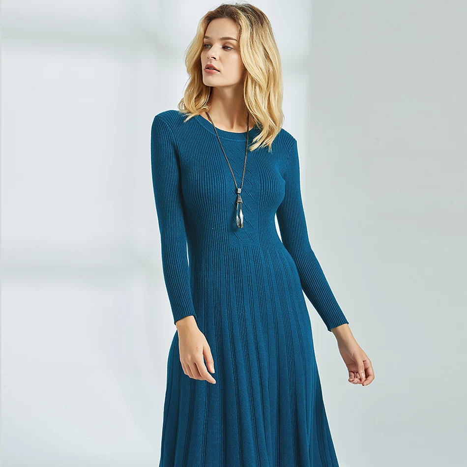 Autumn Winter Dress Casual Black Blue Female Knee Length Knitted Dresses Women Bodycon Long Sleeve Women's Sweater Dress
