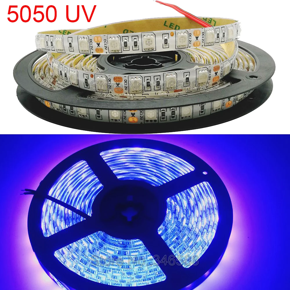

DC12V 5m UV Ultra Violet LED Strip 5050 SMD 60led/m IP65 or IP20 Non-Waterproof Purple 12V Flexible LED Tape Ribbon Lamp
