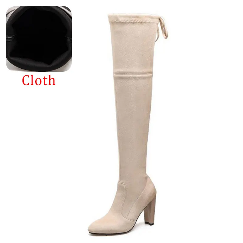 KemeKiss/модные женские сапоги на высоком каблуке размера плюс 33-46, теплая зимняя обувь на меху со шнуровкой, женские облегающие высокие сапоги до бедра, женская обувь - Цвет: ivory cloth