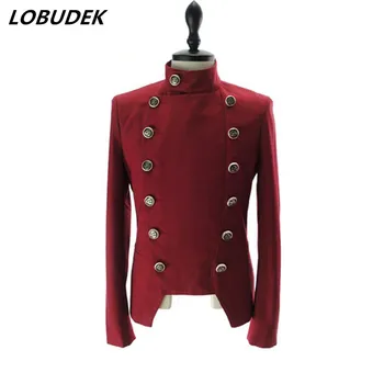

Red White Black Solid Color Men's Blazers England Style Fashion Slim Double-breasted Jacket Host Stage Costume Casual Male Coat