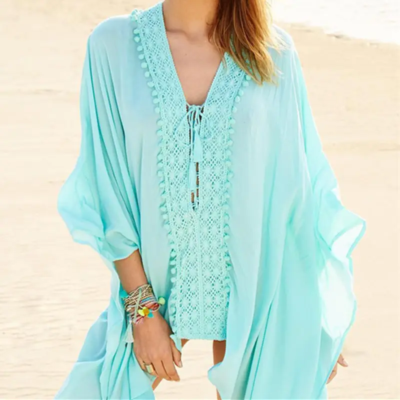 

NODELAY 2019 Summer Beach Tunic Dress Women Bikini Cover Up Plus Size Lace Pareo Beachwear Dolman Sleeve Swimwear Kaftan Robe