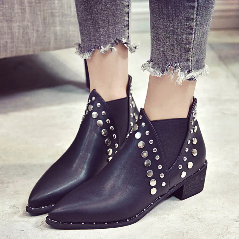 

2018 Women's Rivet Elastic Band Pointed Toe Autumn Ankle Boots Female Platform Chunky Heels Chelsea Boot Ladies Fashion Shoes