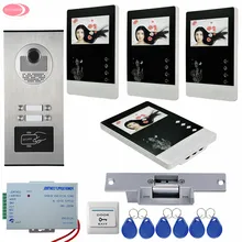 Home Phone Intercoms With 4 Monitors+4 Buttons Rfid IR Camera Video Door Phone Intercom System + Electric Strike Lock Video Door