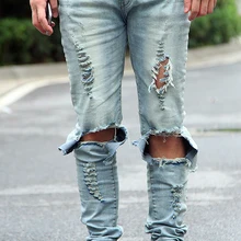 2017 Street style hip hop High street slim hole washing jeans mens jeans pants skateboard tide