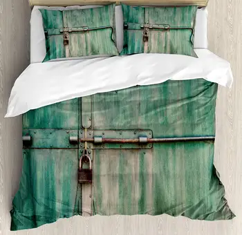 

Duvet Cover Set, Aged and Closed Door with a Lock Close Up View in Retro Style Entrance Photo, 4 Piece Bedding Set