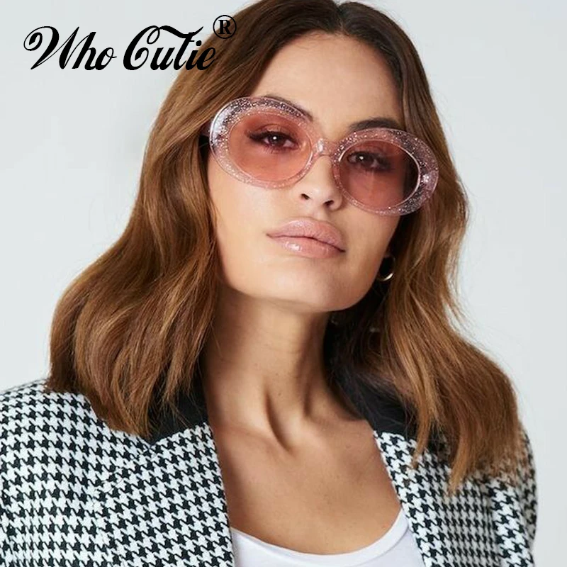 

2018 Vintage Oversized Glitter Shiny Oval Sunglasses Men Women Brand Designer Retro Crystal Frame Kurt Cobain Sun Glasses OM630