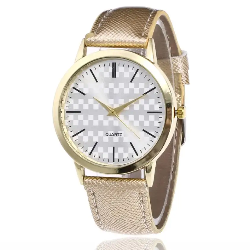 

New Hot Exquisite Fashion Woman Luxury Business Leather Band Round Lattice Design Analog Quartz Wrist Watch Watches xfcs clock