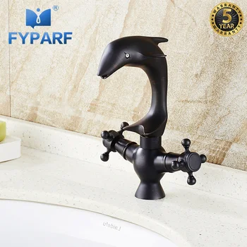 

FYPARF Dolphin Bathroom Vintage Faucet Dual Handle Cross Deck Mount Basin Vessel Sink Mixer Tap Black Brass Cold Hot Sink Crane