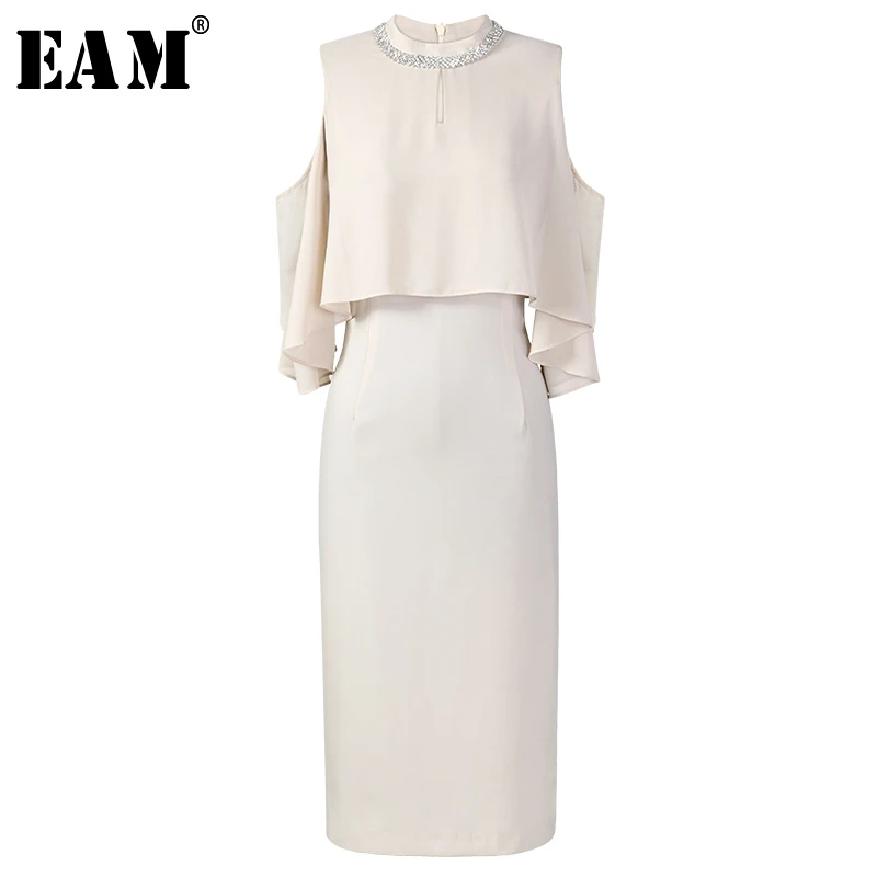 

[EAM] 2019 New Spring Summer Round Neck Short Sleeve Hollow Out Brief Split Joint Temperament Dress Women Fashion Tide JX590