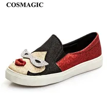 COSMAGIC/Новинка года; женские лоферы из расшитой блестками ткани; модная повседневная обувь с узором в виде глаз и губ; слипоны с блестками; Лоскутная обувь для вождения на плоской подошве