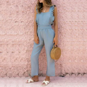 

Sexy Women Sleeveless Solid Ruffle Jumpsuit Wide Leg Playsuit Long Pants Summer