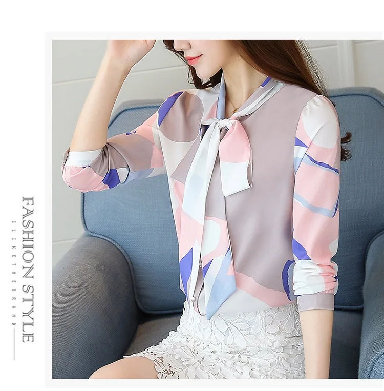Fashion Spring Autumn Print Bow Collar Womens  Long Sleeve Office Lady Tops Elegant Chiffon Blusas Shirts Slim Casual Blouses