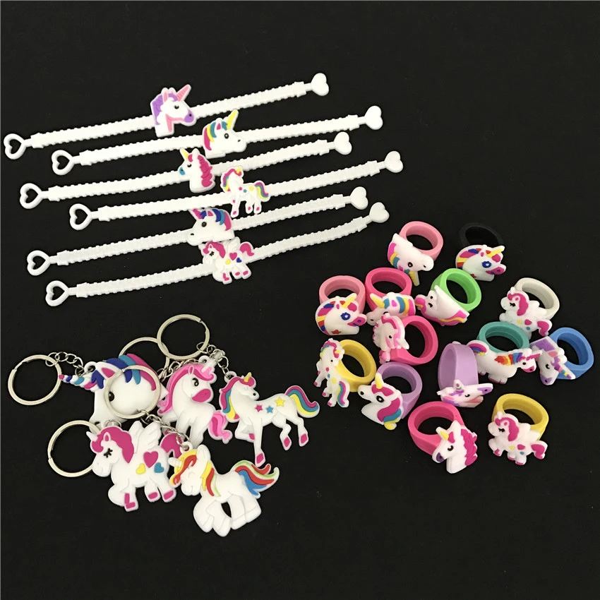 12Pcs Unicornio Party Rubber Bangle Key Chains Kids Favors Birthday Bracelet Baby Shower DIY Colorful horse Party Decor Supplies