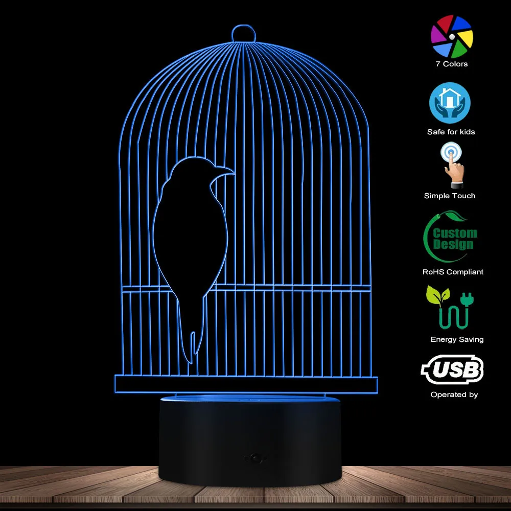 1 шт птица клетка 3D Оптические иллюзии светильник светодиодный ночник Птица Декоративные штанга Bird Cage малыш фонарь-ночник настольная лампа