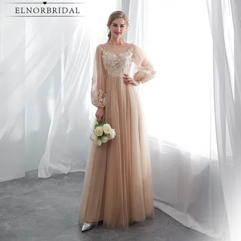 

Champagne Long Sleeves Evening Dresses 2020 Vestido De Festa Lace Formal Women Prom Gowns A Line Sheer Dinner Party Dress