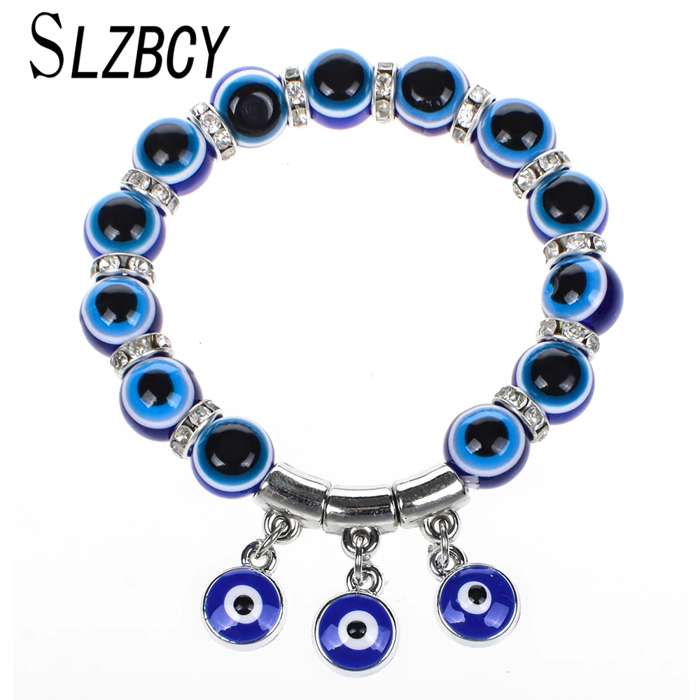 SLZBCY Resin Blue Evil Eye Beads Strand Charms Bracelets For Woman Men Crystal Elastic Bracelet Wristband Jewelry Pulsera Mujer | Украшения
