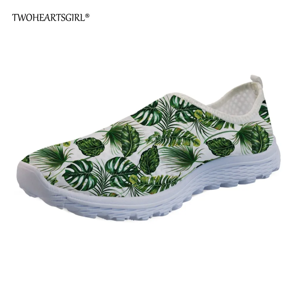

Twoheartsgirl Green Tropical Palm Leaves Mesh Shoes for Women Breathable Female Ladies Spring Summer Flats Slip-on Sneaker