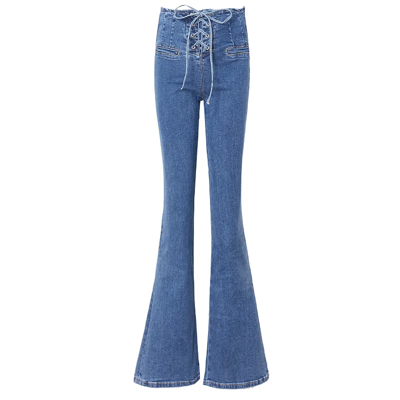 

Free Shipping 2019 New Fashion Bandage High Waist Long Jeans Pants Women Boot Cut Trousers Plus Size 25-30 Denim Stretch Jeans