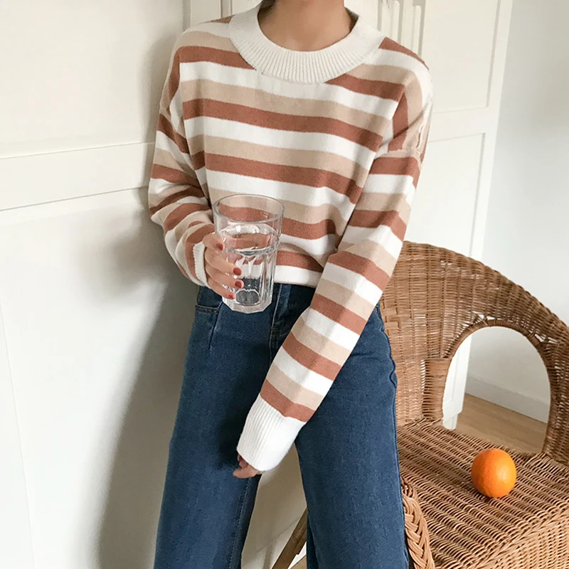 Koreanische Neue Adrette Streifen Langarm Gestrickte Pullover Frauen Herbst Winter Casual Pullover Jumper
