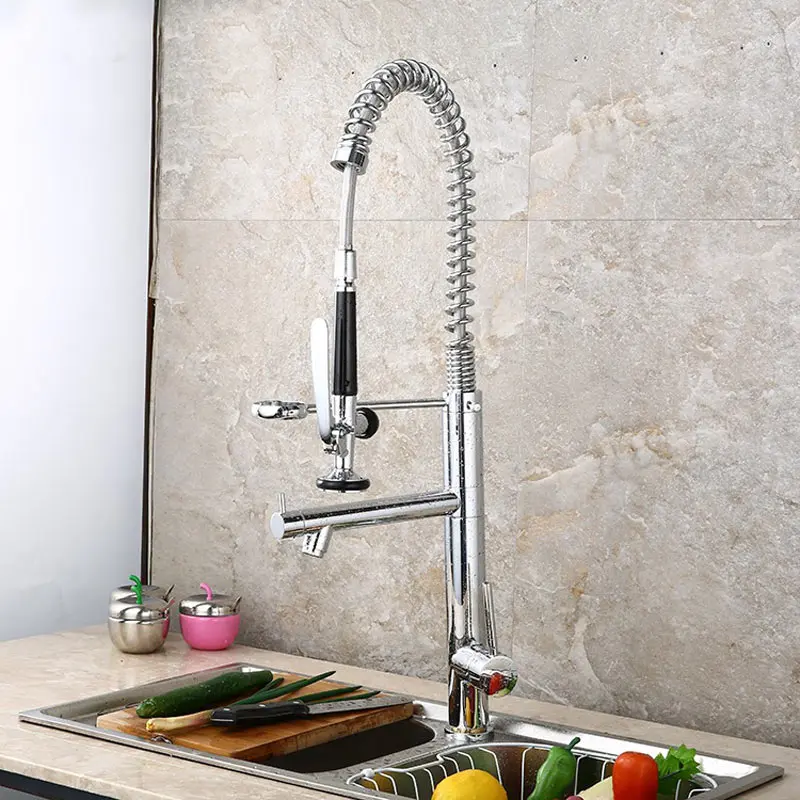 

all copper kitchen sink faucet hot and cold mixer faucet pull out stretch spring faucets 360 degree single hole deck mounted
