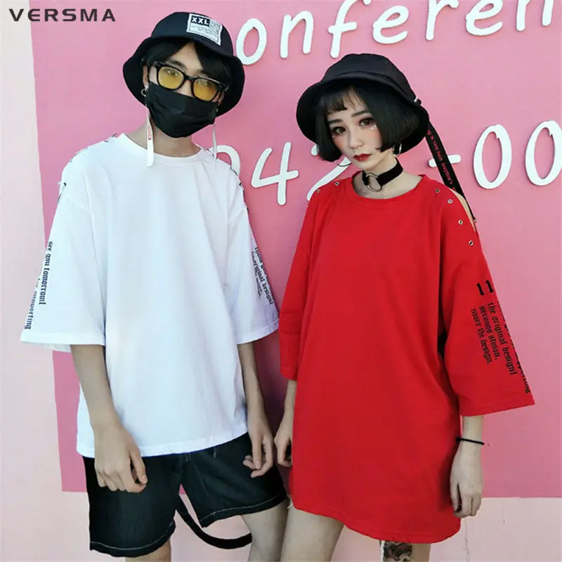 

VERSMA New Korean Harajuku Letters Printed Hollow Patchwork T Shirt Men Women Summer Hip Hop Vintage Loose 3/4 Sleeve Men Tshirt