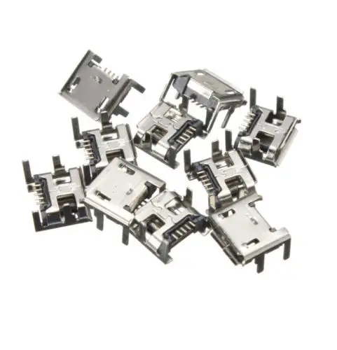 Гнездо Micro USB Type B 4 вертикальных ножки 10 шт. фиксированные Паяные соединители |
